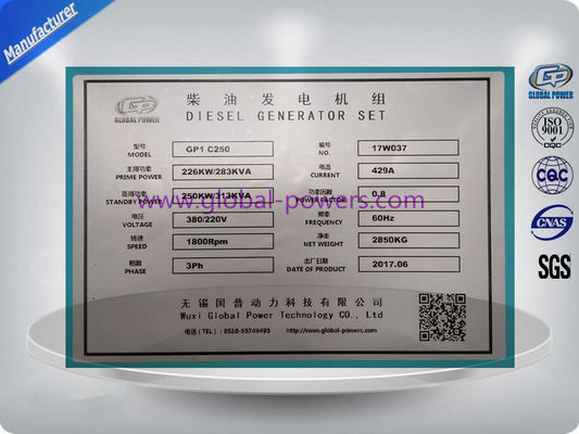 Global Power Silent Diesel Generator Set Cummins 6LTAA8.9-G3 226 KW 283 KVA fournisseur